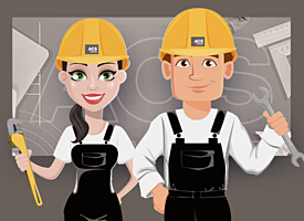 Cartoon of ACS Mixers colleagues with tools and hardhats